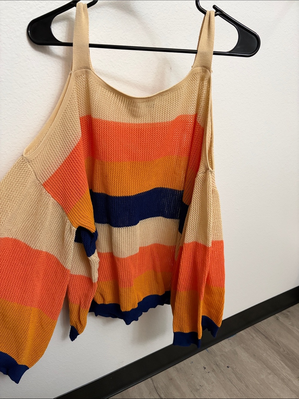 SHEIN Beige, Orange, Mustard & Navy Striped Off-the-Shoulder Sweater